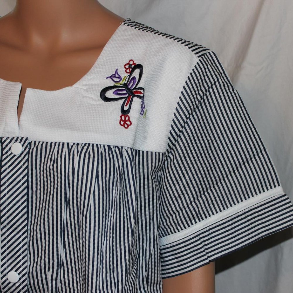 WOMENS EASY ESSENTIALS NAVY WHITE STRIPES SNAPS HOUSECOAT DUSTER PLUS SIZE 1X - Picture 3 of 5